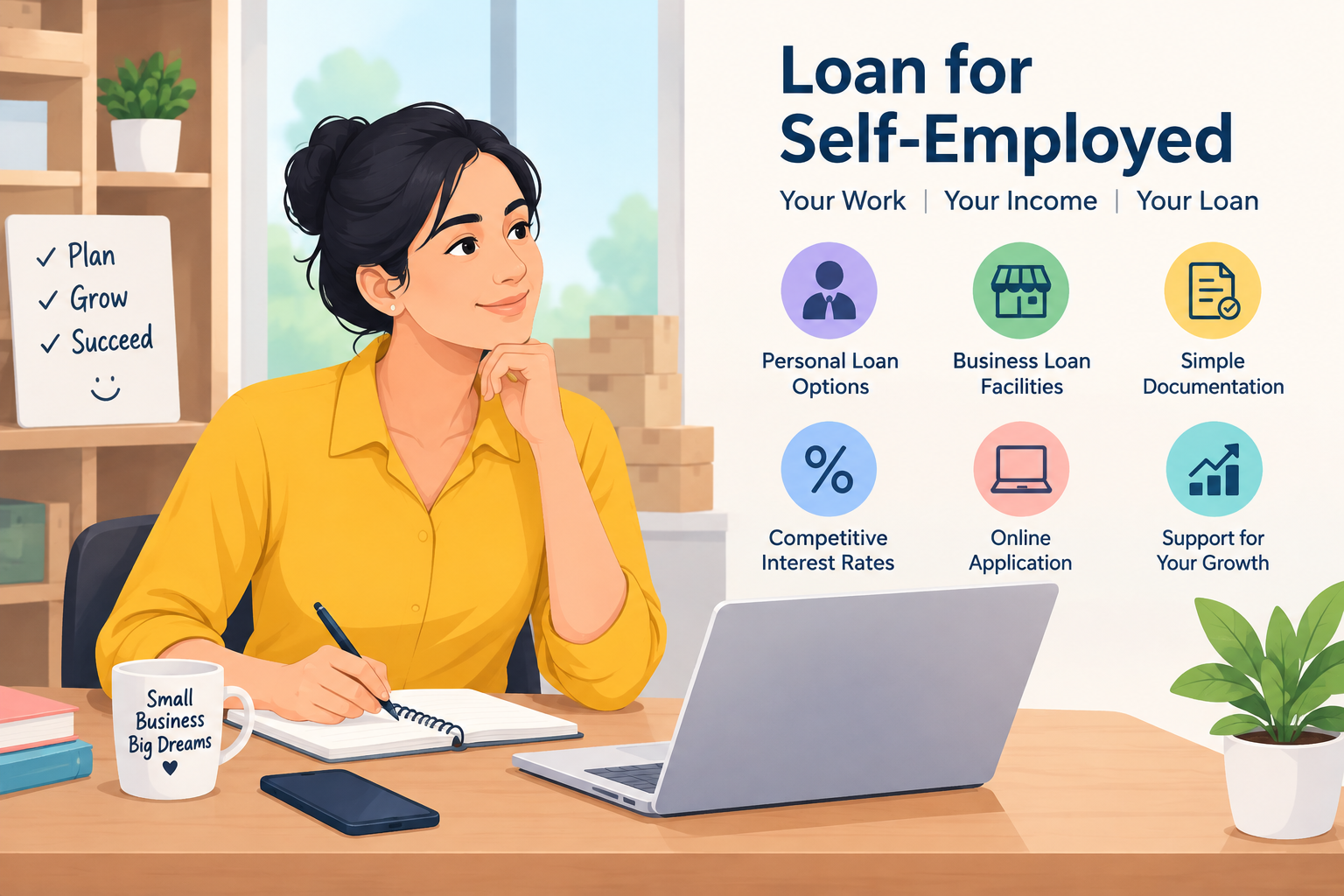 Loan for self-employed individuals in India, highlighting personal loan options, business loans, simple documentation, interest rates, online applications, and financial support for business growth.